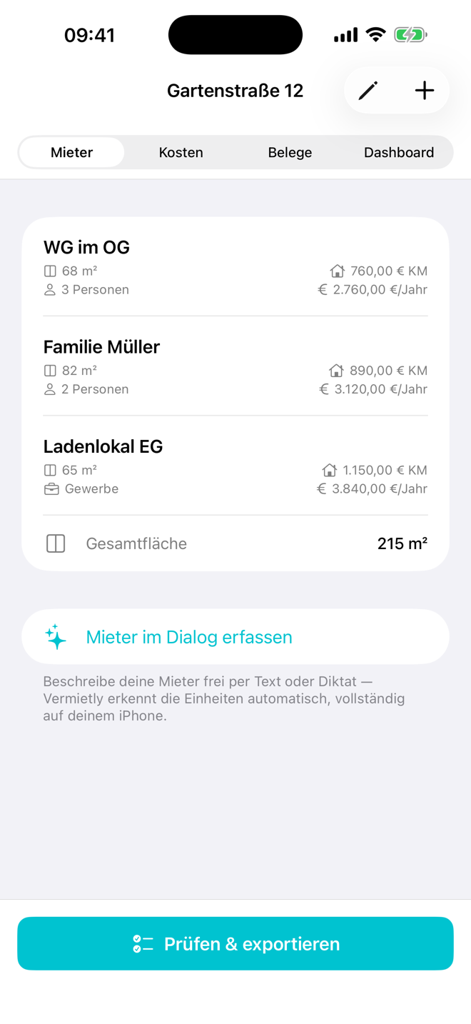 Vermietly zeigt zwei Wohneinheiten und das Ladenlokal EG klar als Gewerbeeinheit