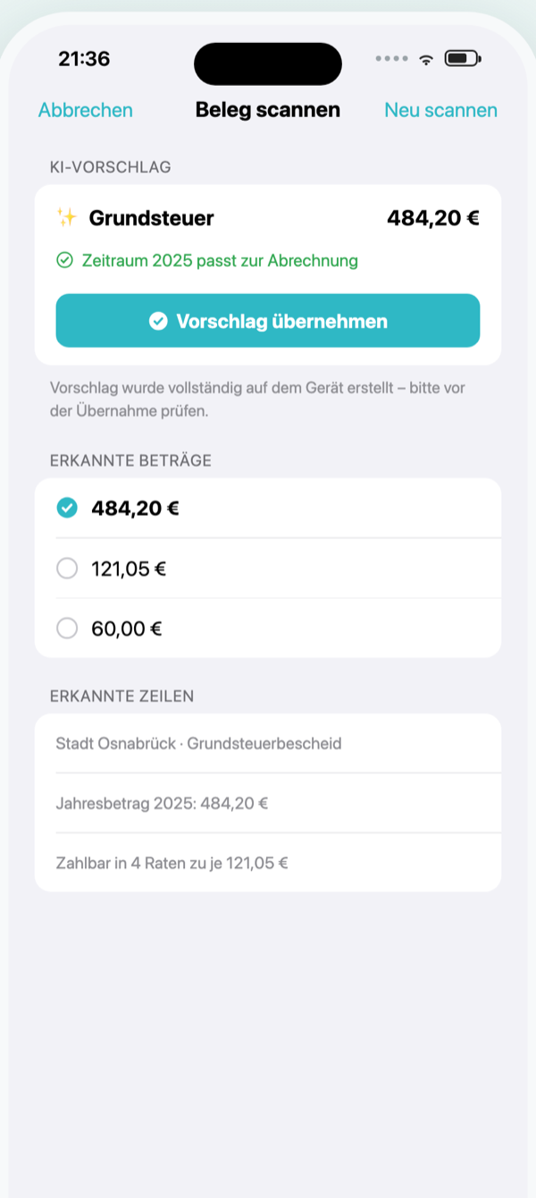 Vermietly KI-Belegscanner: erkannte Kostenart Grundsteuer mit Betrag und Zeitraum-Prüfung