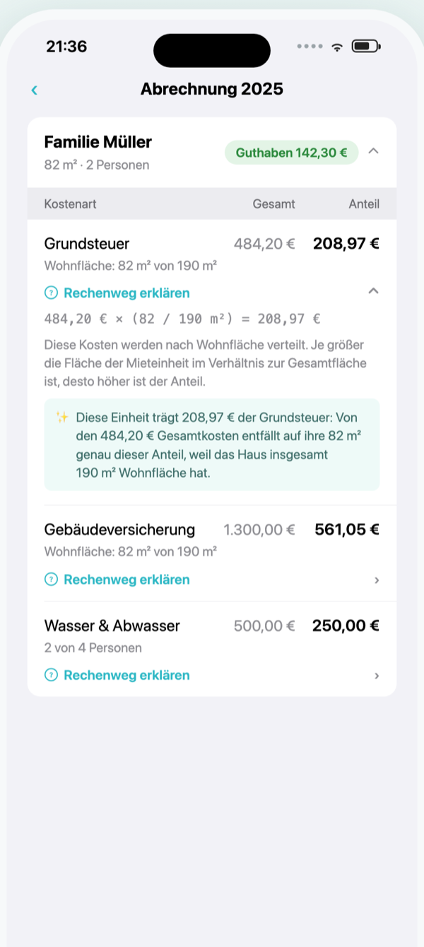 Rechenweg-Erklärung: die KI erklärt den Anteil jeder Kostenposition in einfachen Worten