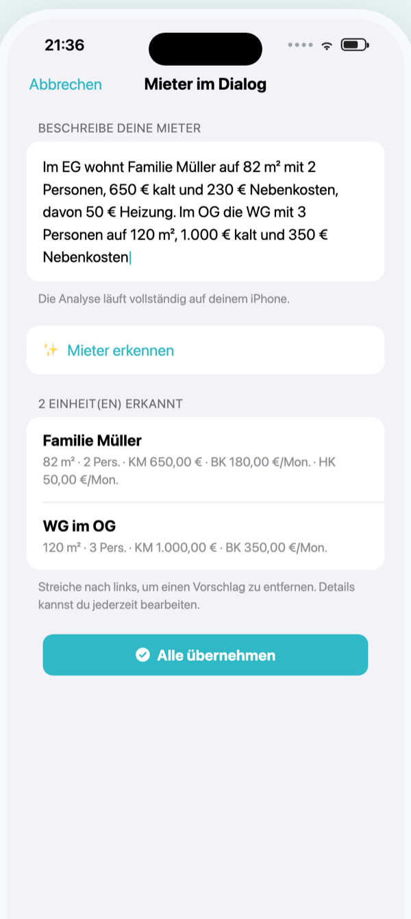 Mieter im Dialog erfassen: frei beschriebene Mieter werden als Einheiten erkannt