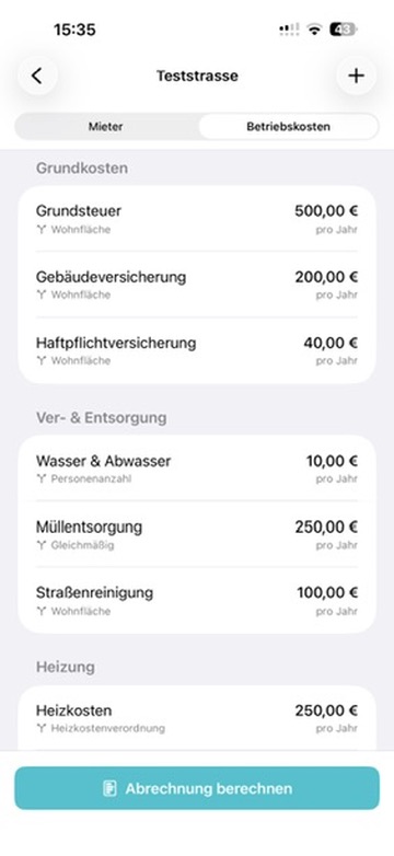 Betriebskostenliste in Vermietly mit Grundkosten und Heizung